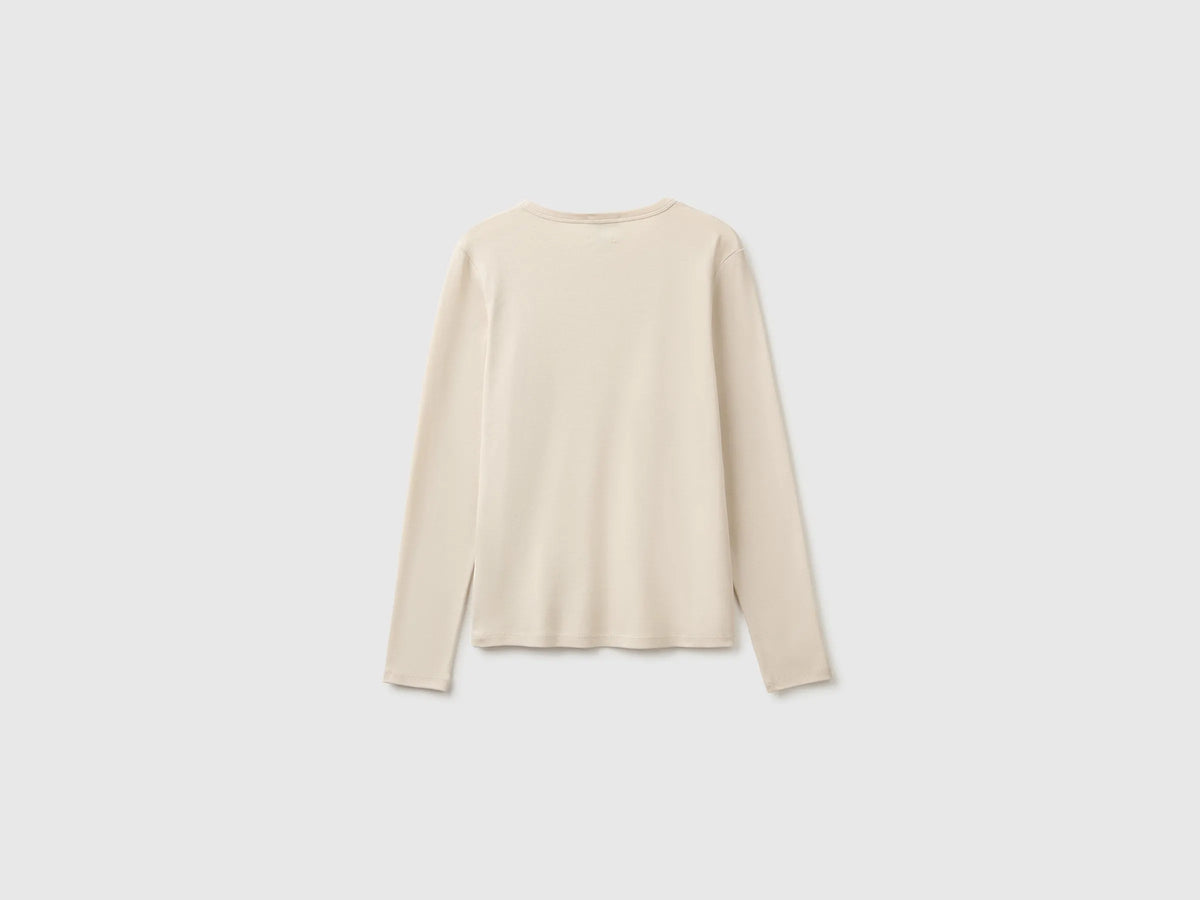 Benetton Beige Women Long Sleeve T-Shirt with Glitter Logo SKU: 3GA8E16G0_152 Image 02