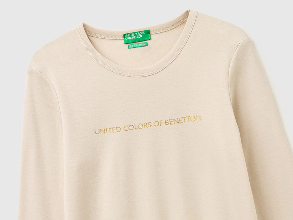 Benetton Beige Women Long Sleeve T-Shirt with Glitter Logo SKU: 3GA8E16G0_152 Image 03