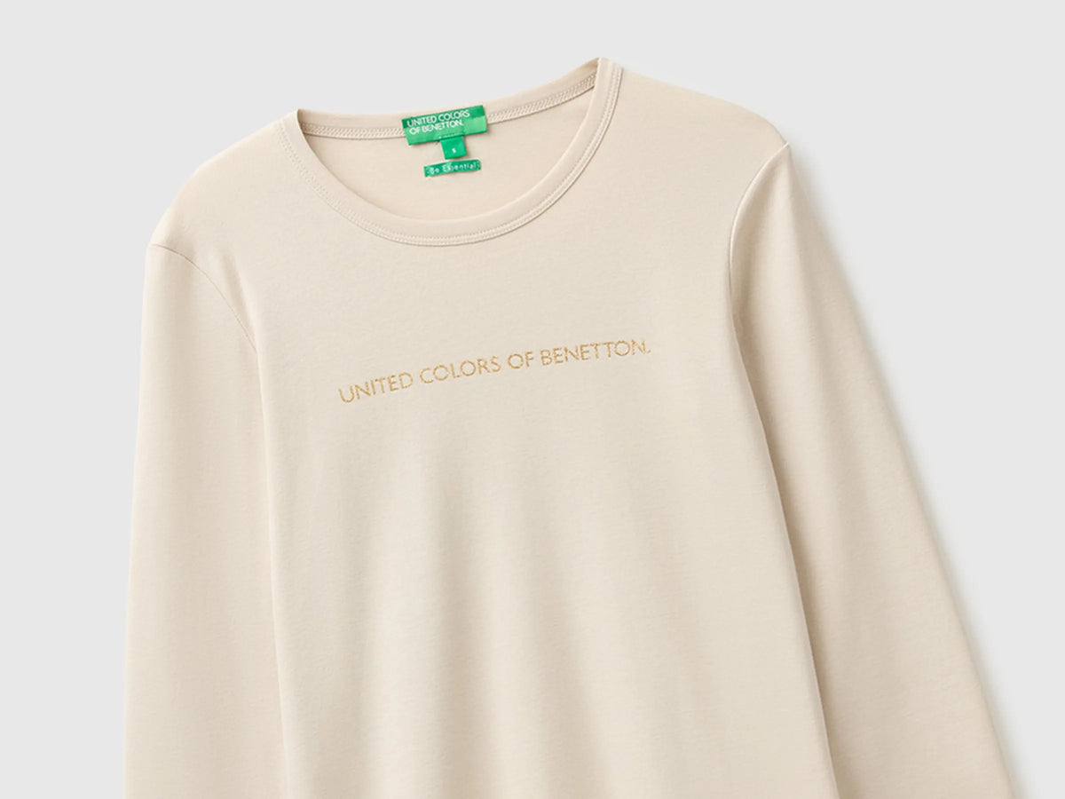 Benetton Beige Women Long Sleeve T-Shirt with Glitter Logo SKU: 3GA8E16G0_152 Image 04