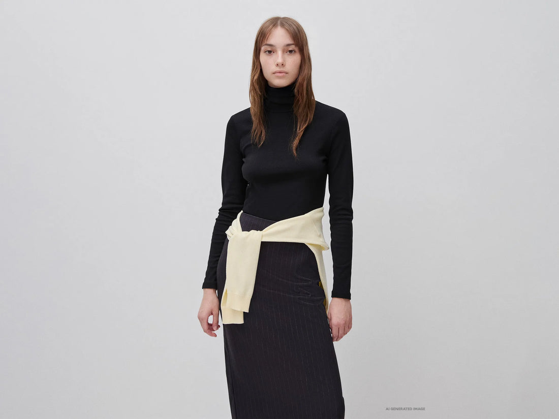 Benetton Black Women Long-Staple Cotton Turtleneck T-Shirt SKU: 3GA8E2224_100 Image 01