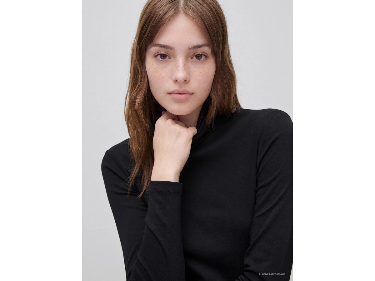 Benetton Black Women Long-Staple Cotton Turtleneck T-Shirt SKU: 3GA8E2224_100 Image 04