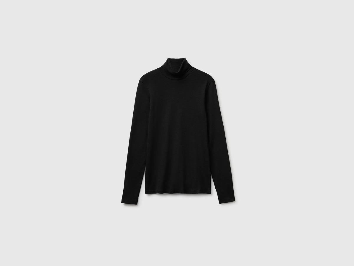 Benetton Black Women Long-Staple Cotton Turtleneck T-Shirt SKU: 3GA8E2224_100 Image 05
