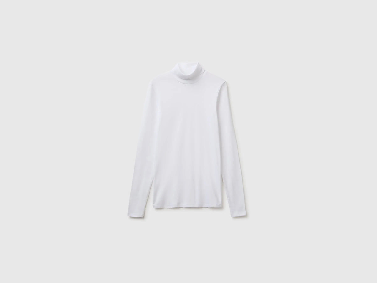 Benetton White Women Long-Staple Cotton Turtleneck T-Shirt SKU: 3GA8E2224_101 Image 01