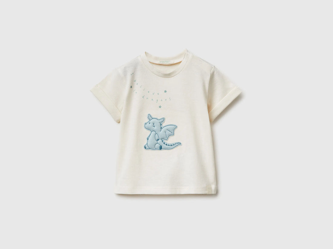 Benetton Creamy White Newborn Organic Cotton Patch T-Shirt SKU: 3I1XA106Y_0R2 Image 01