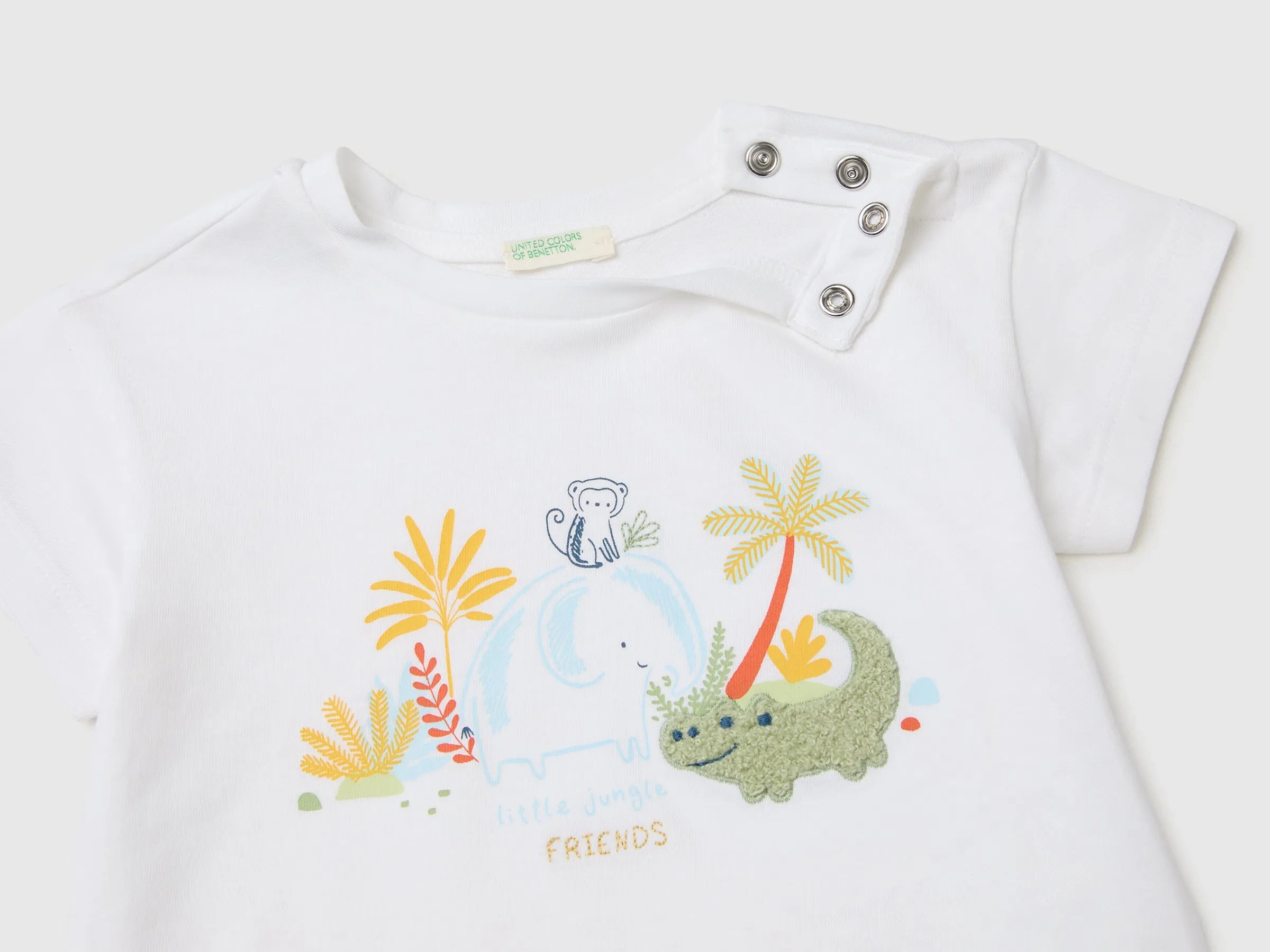 Benetton White Baby T-Shirt with Print and Embroidery SKU: 3I1XA1079_101 Image 03