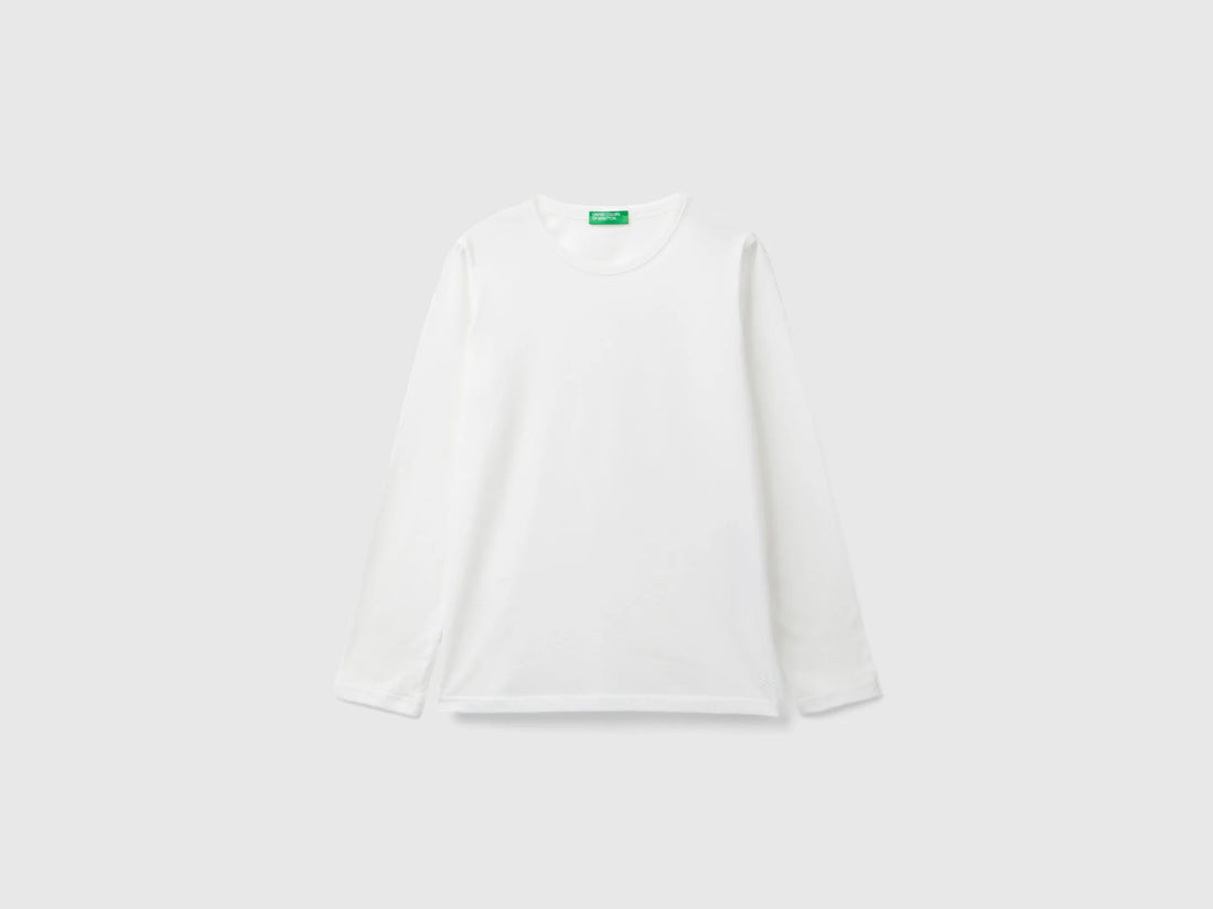 Benetton Creamy White Girls Long Sleeve T-Shirt in Organic Cotton SKU: 3I1XC10DA_074 Image 01