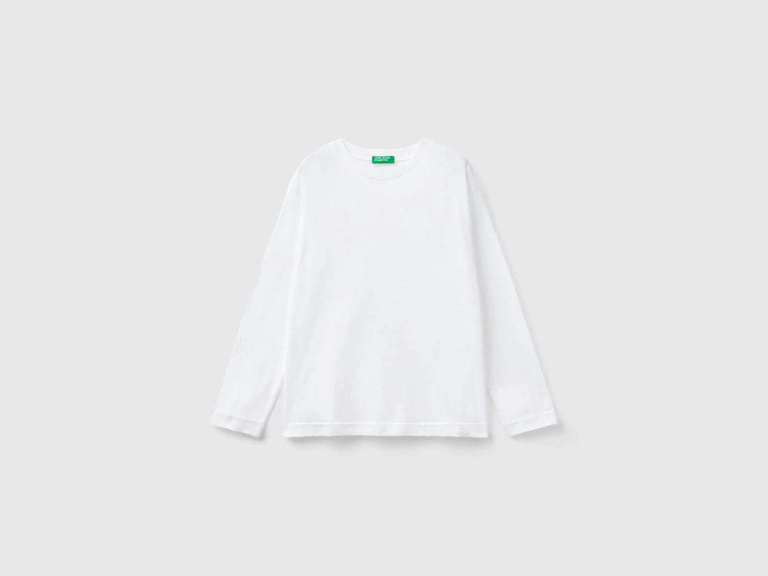 Benetton White Boys Cotton Crew Neck T-Shirt SKU: 3I1XC10DB_101 Image 01