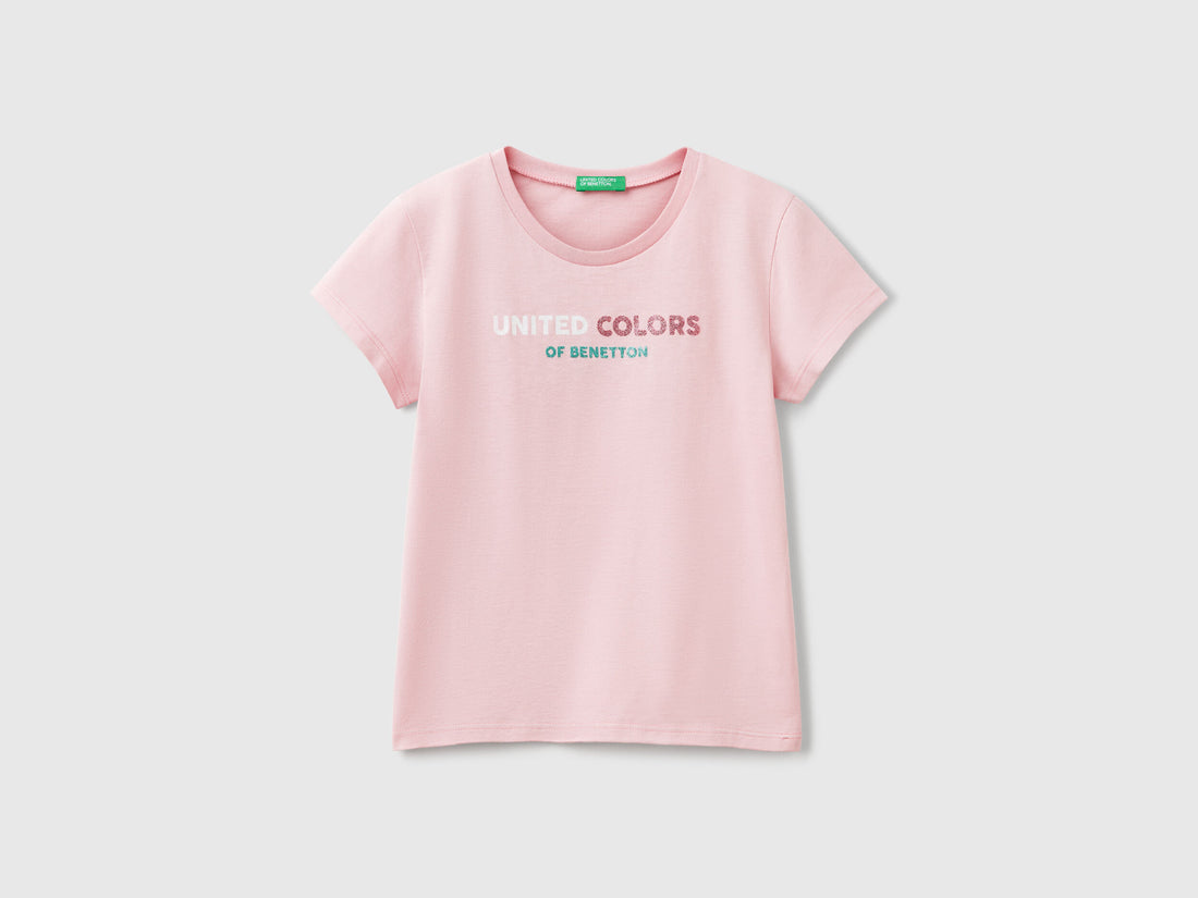 Benetton_T-Shirt with Glittery Logo in Cotton_3I1XC10MZ_09J_01