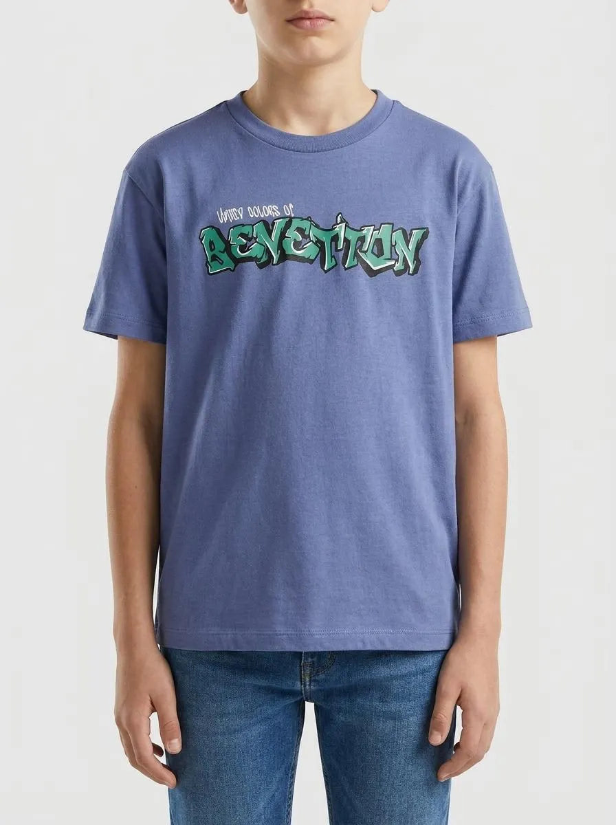 Benetton Light Blue Boys T-Shirt with Logo SKU: 3I1XC10S4_05N Image 00