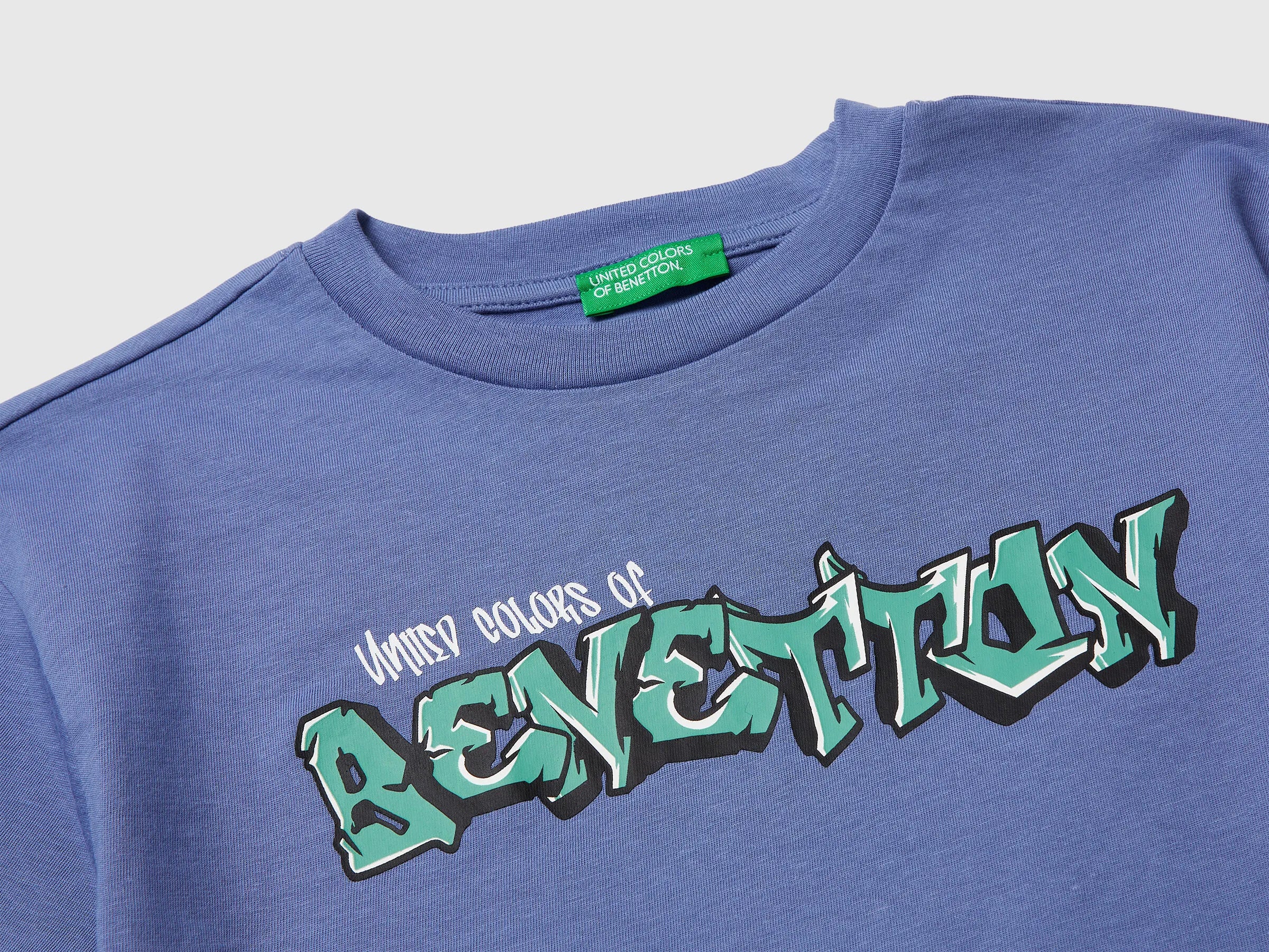 Benetton Light Blue Boys T-Shirt with Logo SKU: 3I1XC10S4_05N Image 03