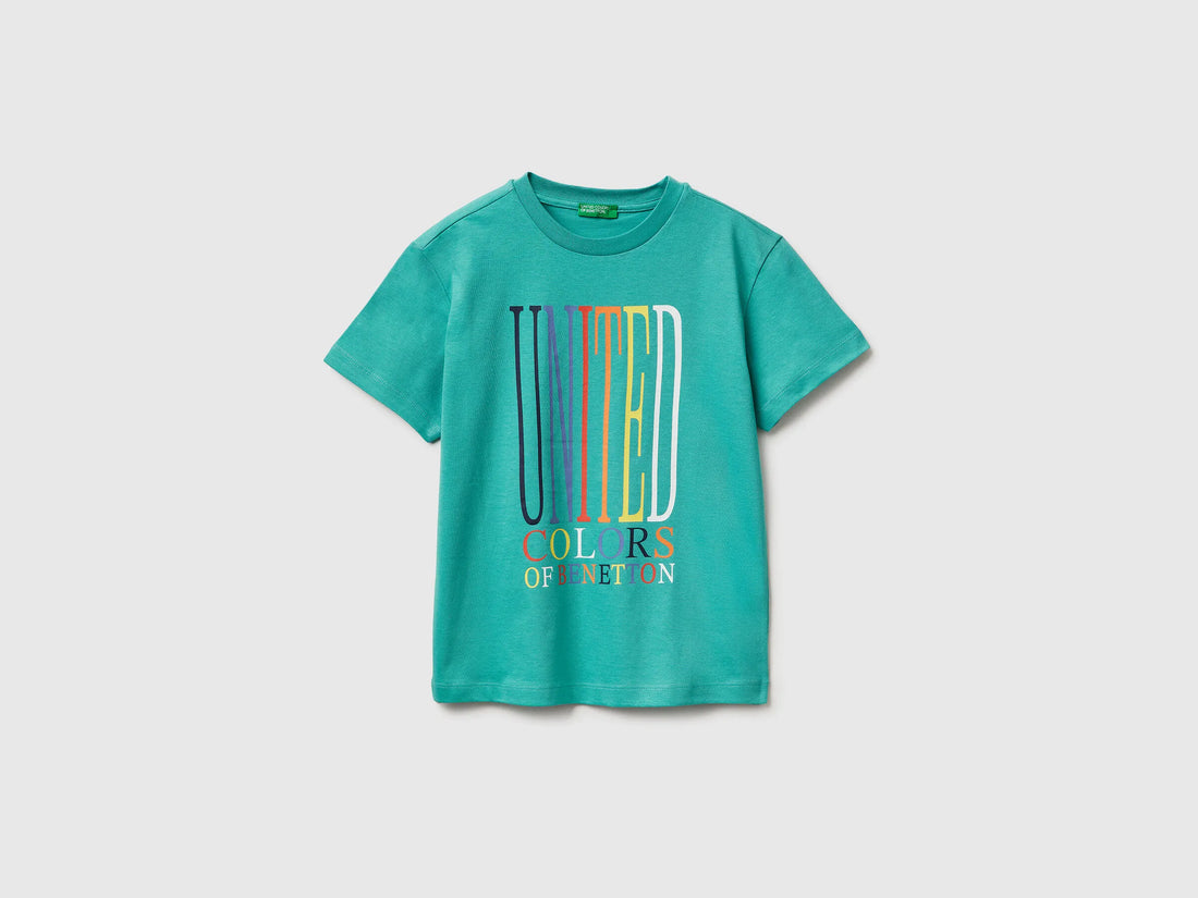 Benetton Aqua Boys T-Shirt with Logo SKU: 3I1XC10S4_08N Image 01