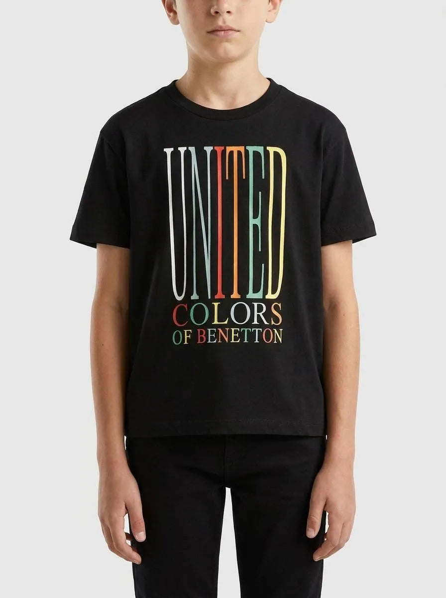 Benetton Black Boys T-Shirt with Logo SKU: 3I1XC10S4_100 Image 00
