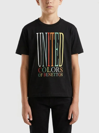 Benetton Black Boys T-Shirt with Logo SKU: 3I1XC10S4_100 Image 00