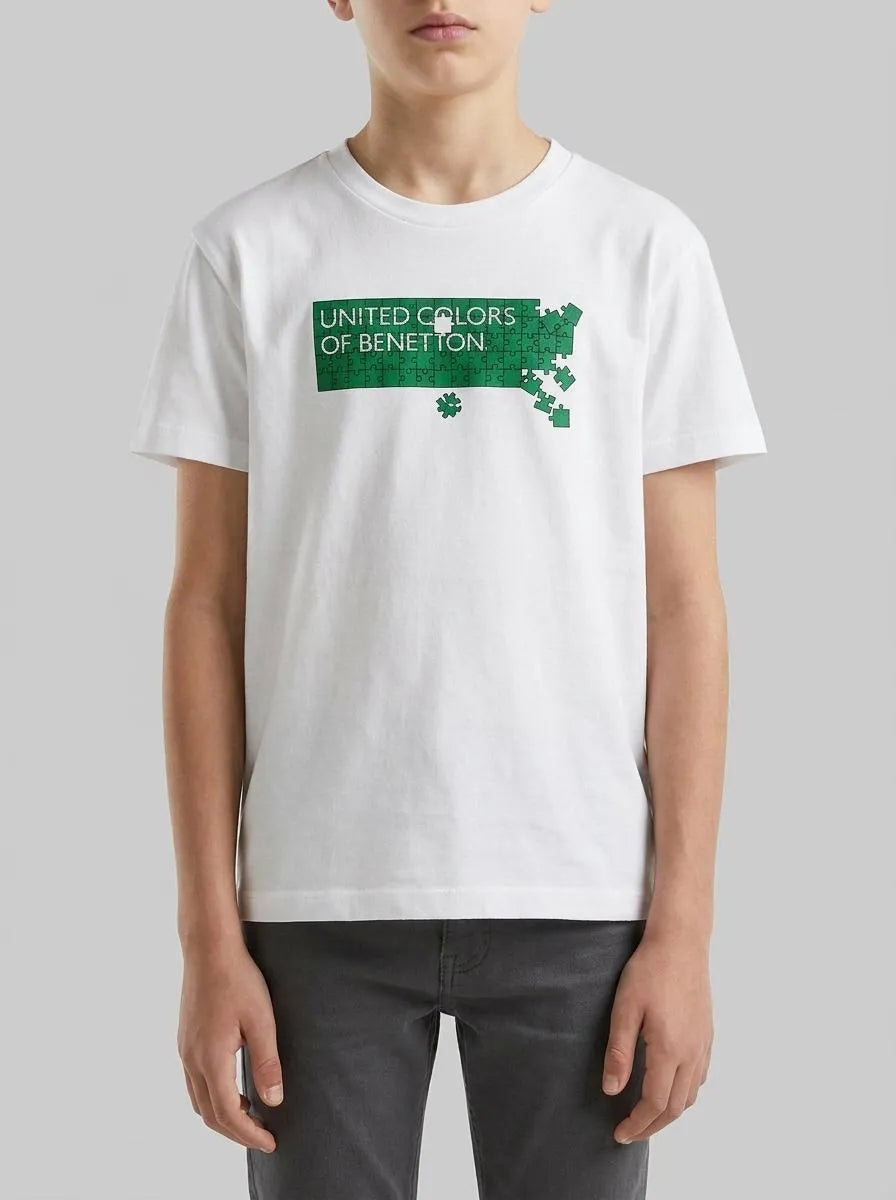 Benetton White Boys T-Shirt with Logo SKU: 3I1XC10S4_101 Image 00