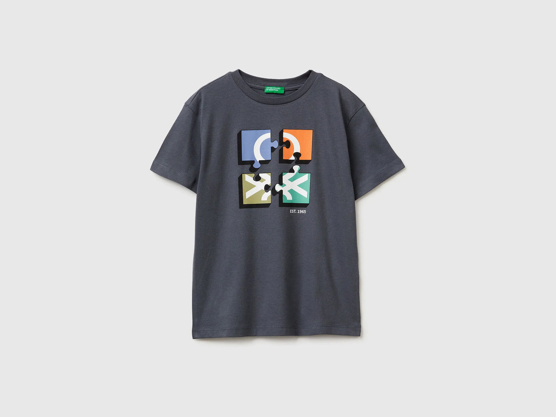 Benetton Dark Gray Boys T-Shirt with Logo SKU: 3I1XC10S4_10N Image 01