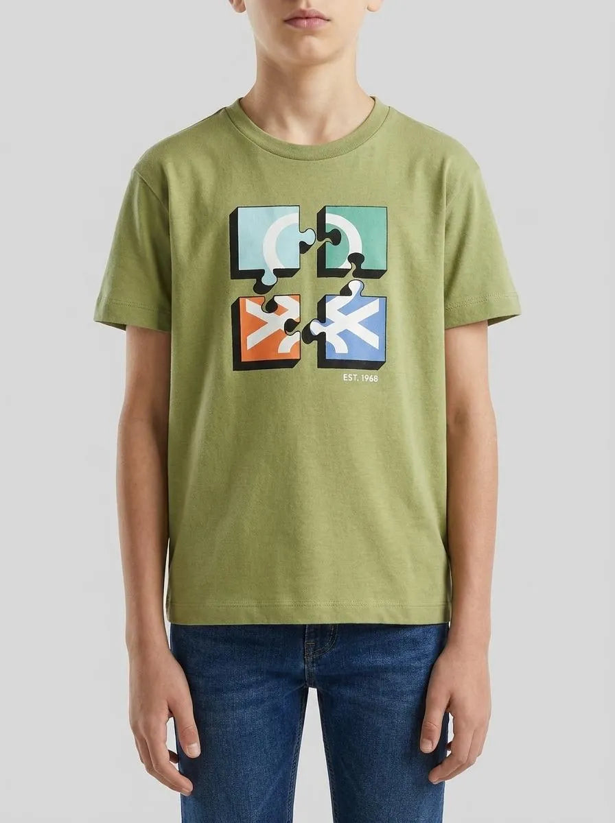 Benetton Military Green Boys T-Shirt with Logo SKU: 3I1XC10S4_1Q1 Image 00