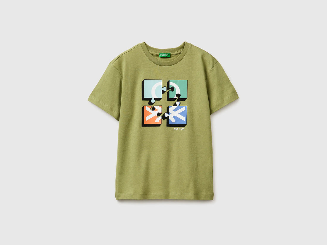Benetton Military Green Boys T-Shirt with Logo SKU: 3I1XC10S4_1Q1 Image 01