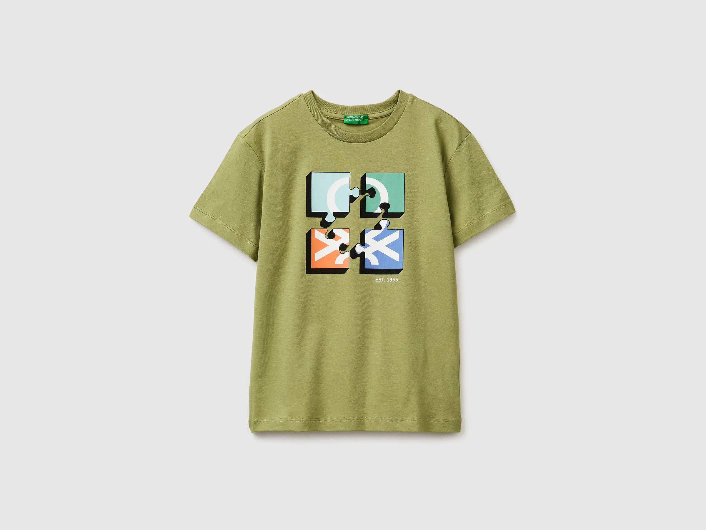 Benetton Military Green Boys T-Shirt with Logo SKU: 3I1XC10S4_1Q1 Image 01