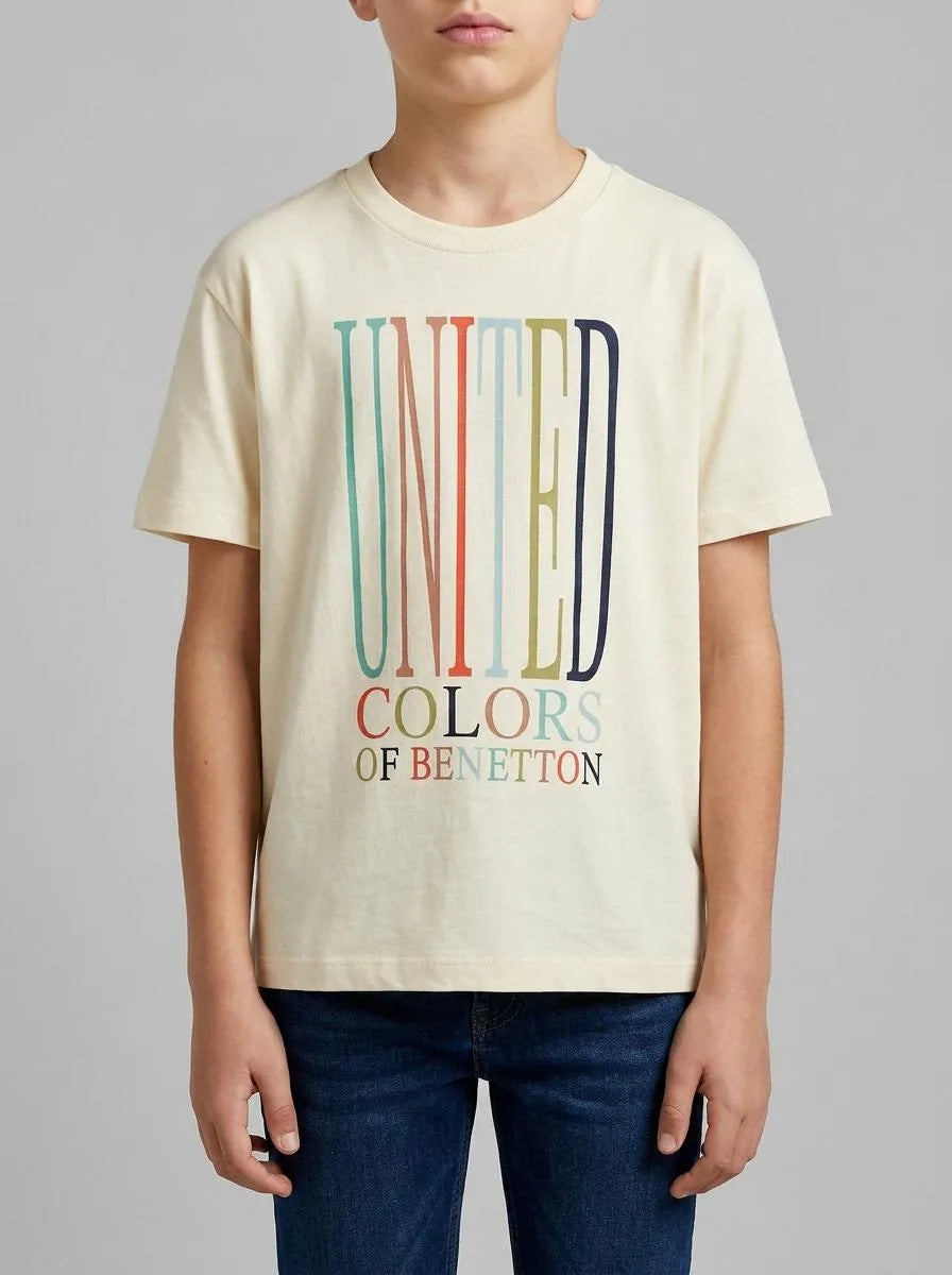 Benetton Creamy White Boys T-Shirt with Logo SKU: 3I1XC10S4_3C9 Image 00