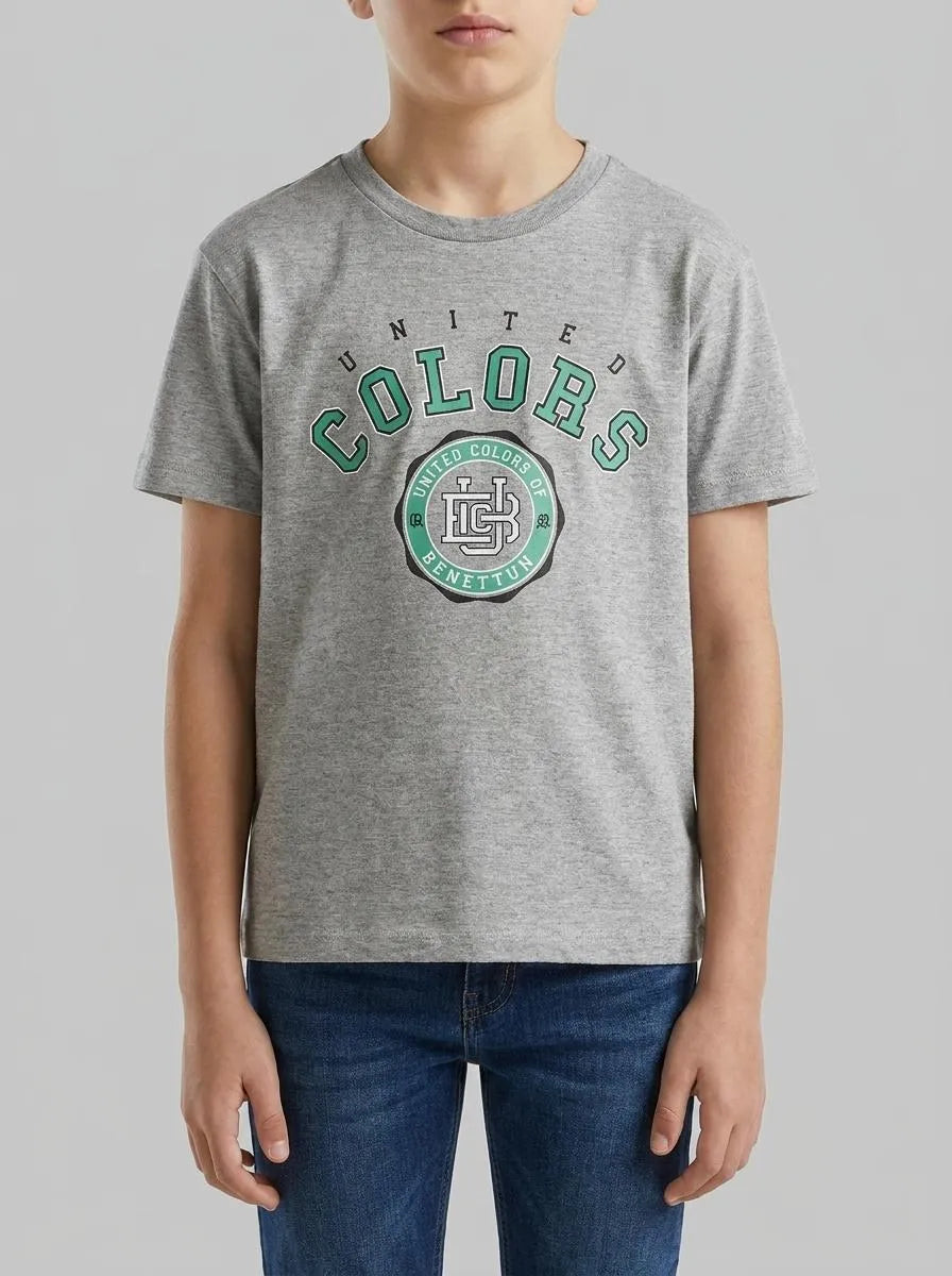 Benetton Light Gray Boys T-Shirt with Logo SKU: 3I1XC10S4_501 Image 00