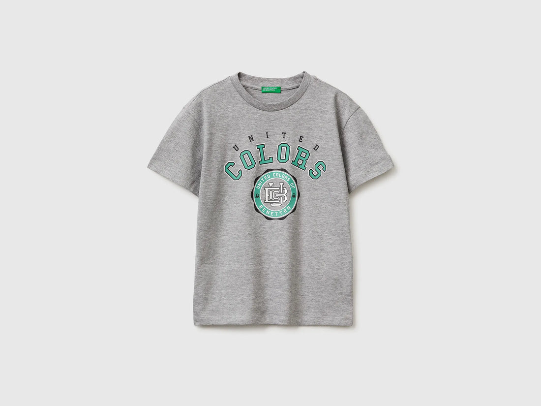 Benetton Light Gray Boys T-Shirt with Logo SKU: 3I1XC10S4_501 Image 01