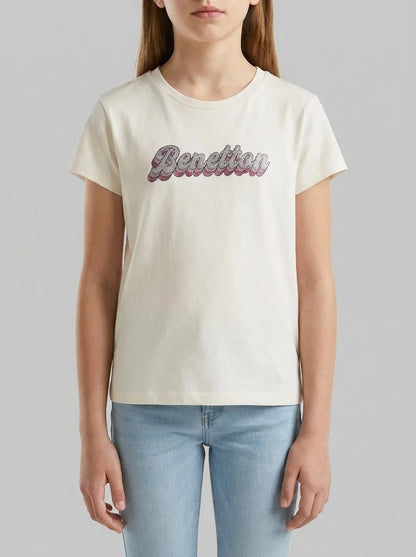 Benetton Creamy White Girls T-Shirt with Glitter Print SKU: 3I1XC10S6_00E Image 00