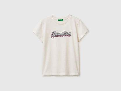 Benetton Creamy White Girls T-Shirt with Glitter Print SKU: 3I1XC10S6_00E Image 01