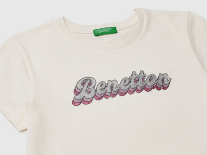 Benetton Creamy White Girls T-Shirt with Glitter Print SKU: 3I1XC10S6_00E Image 03