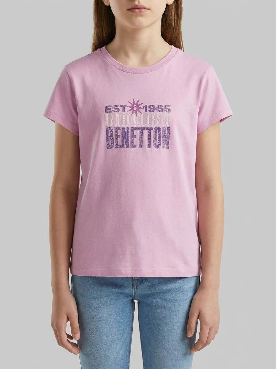 Benetton Lilac Girls T-Shirt with Glitter Print SKU: 3I1XC10S6_00L Image 00