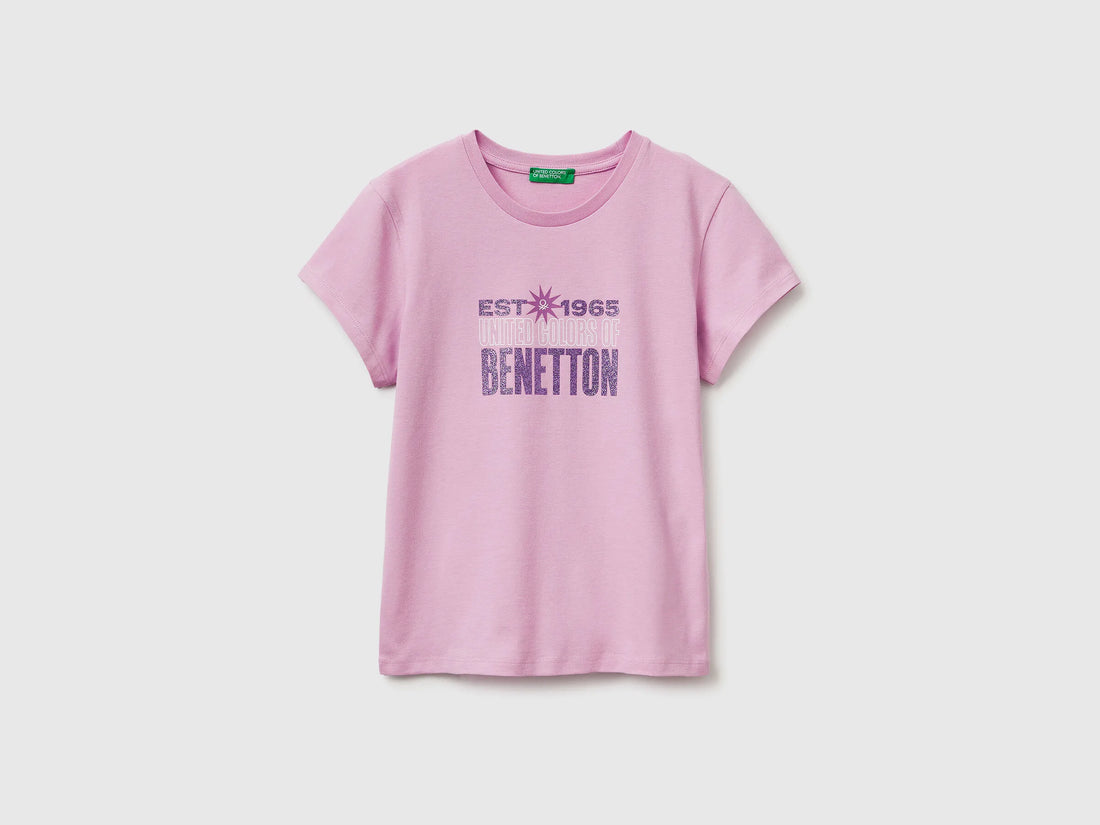 Benetton Lilac Girls T-Shirt with Glitter Print SKU: 3I1XC10S6_00L Image 01