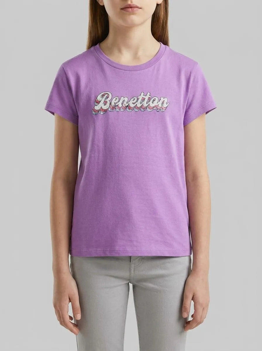 Benetton Violet Girls T-Shirt with Glitter Print SKU: 3I1XC10S6_03L Image 00