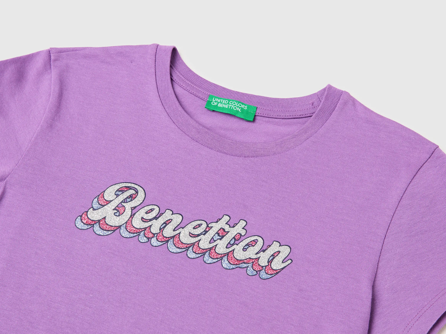 Benetton Violet Girls T-Shirt with Glitter Print SKU: 3I1XC10S6_03L Image 03