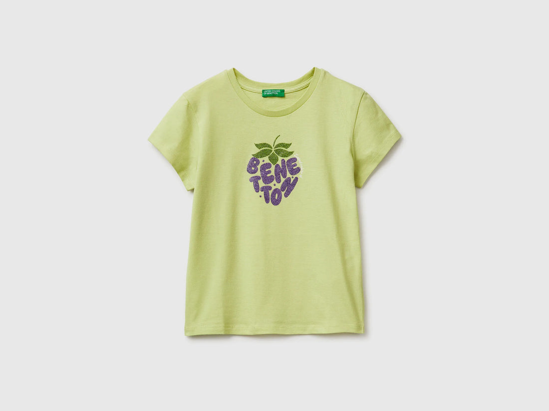 Benetton Yellow Girls T-Shirt with Glitter Print SKU: 3I1XC10S6_0M4 Image 01