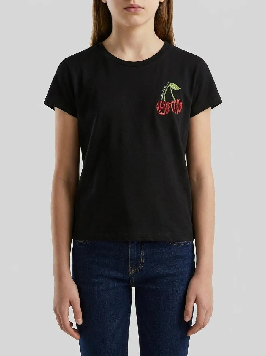 Benetton Black Girls T-Shirt with Glitter Print SKU: 3I1XC10S6_100 Image 00