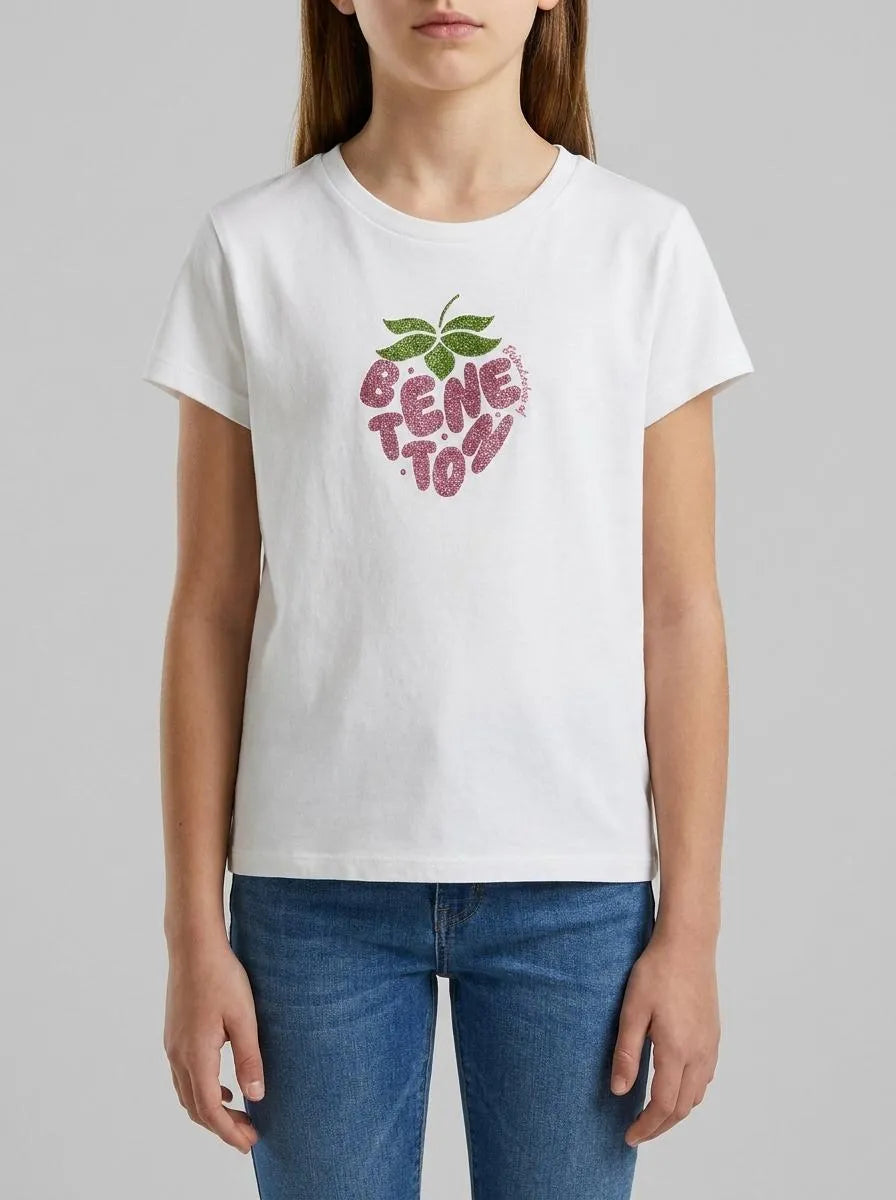 Benetton White Girls T-Shirt with Glitter Print SKU: 3I1XC10S6_101 Image 00