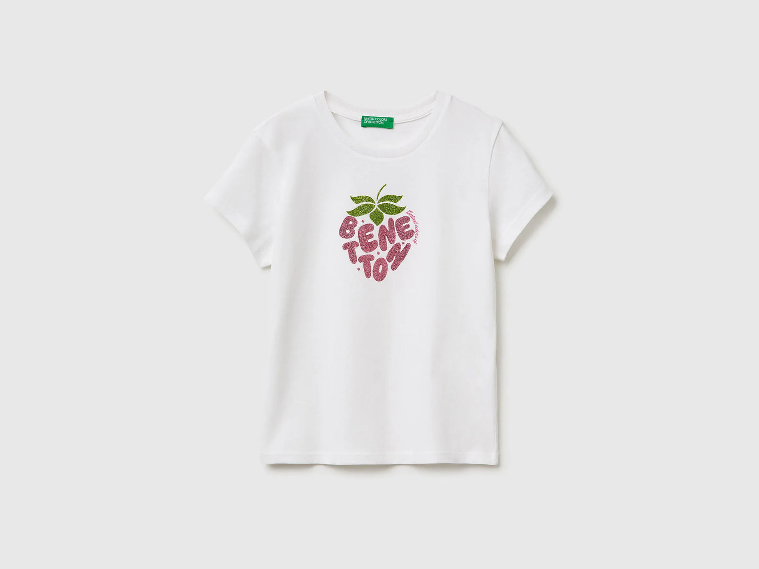Benetton White Girls T-Shirt with Glitter Print SKU: 3I1XC10S6_101 Image 01