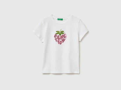 Benetton White Girls T-Shirt with Glitter Print SKU: 3I1XC10S6_101 Image 01