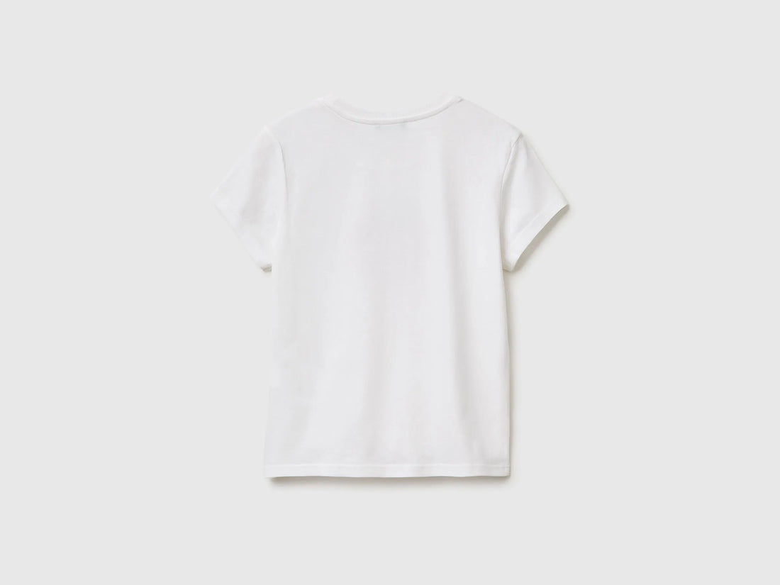 Benetton White Girls T-Shirt with Glitter Print SKU: 3I1XC10S6_101 Image 02