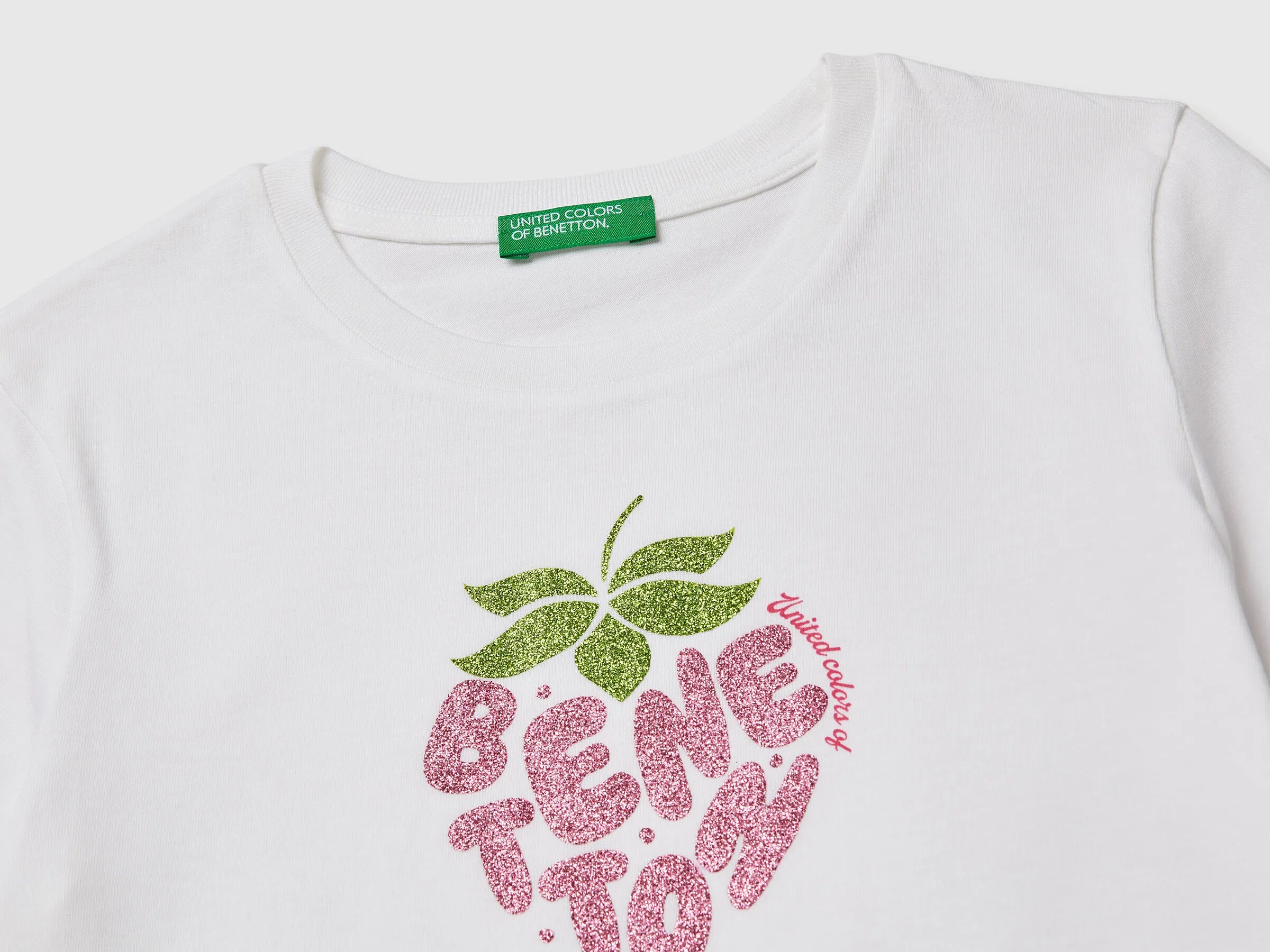 Benetton White Girls T-Shirt with Glitter Print SKU: 3I1XC10S6_101 Image 03