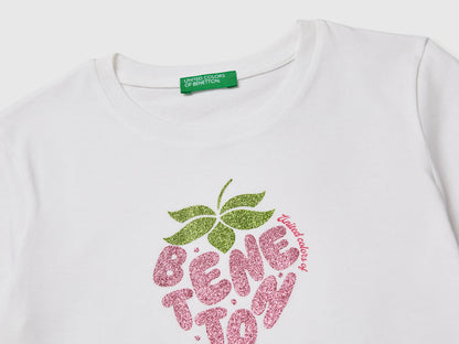 Benetton White Girls T-Shirt with Glitter Print SKU: 3I1XC10S6_101 Image 03