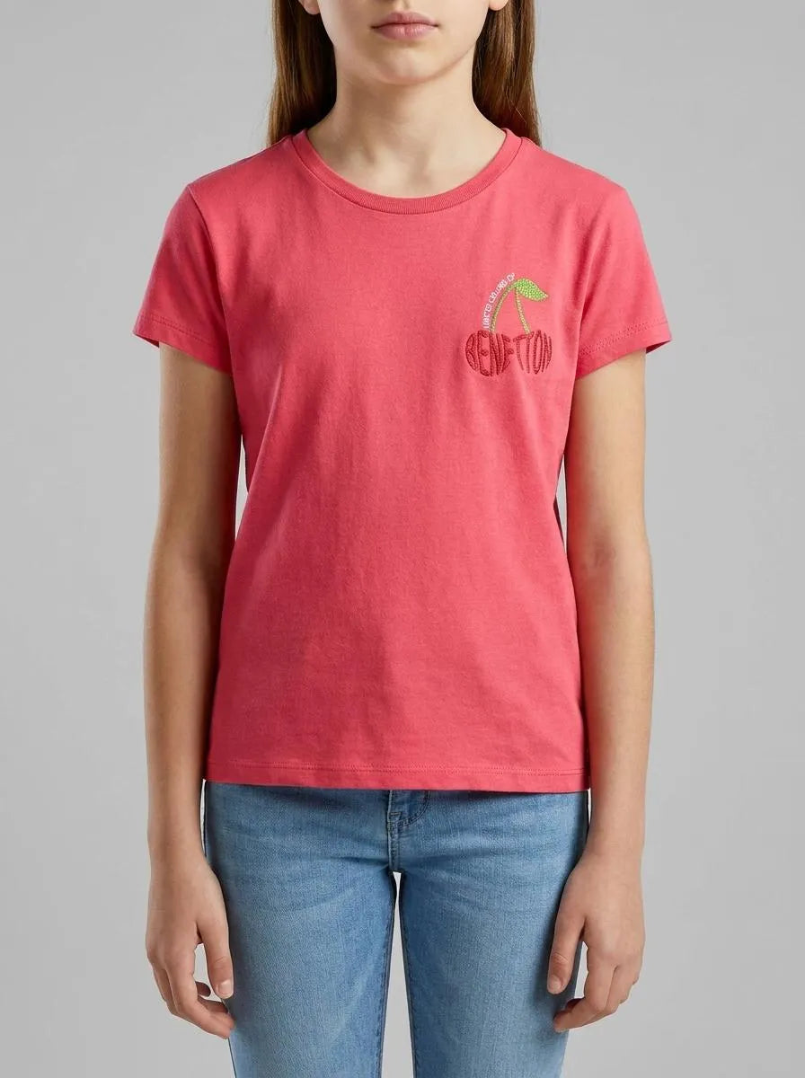 Benetton Plum Girls T-Shirt with Glitter Print SKU: 3I1XC10S6_12E Image 00