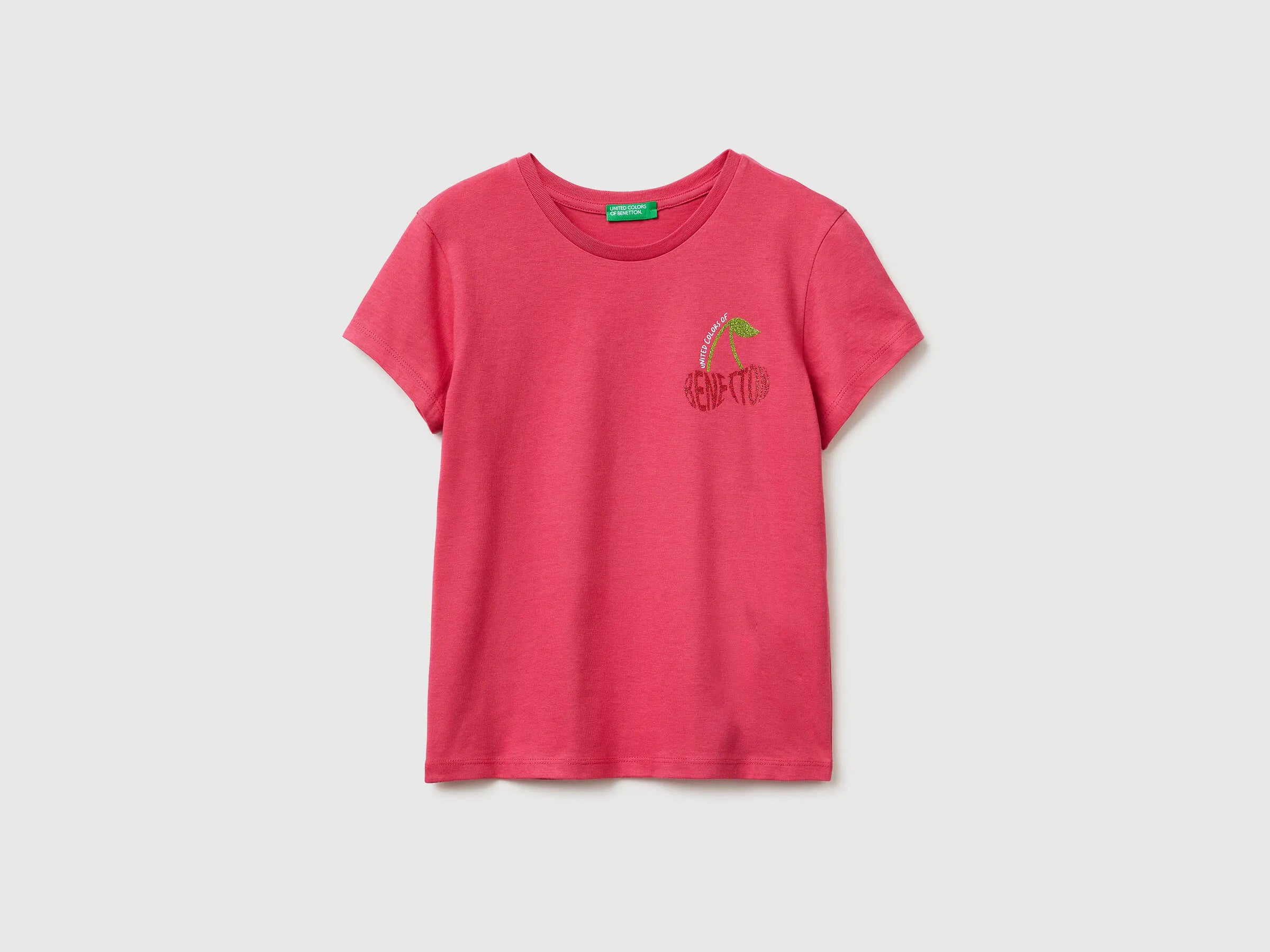 Benetton Plum Girls T-Shirt with Glitter Print SKU: 3I1XC10S6_12E Image 01