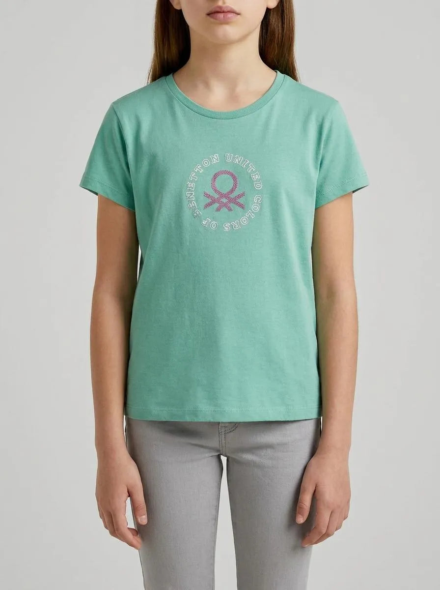 Benetton Aqua Girls T-Shirt with Glitter Print SKU: 3I1XC10S6_13D Image 00