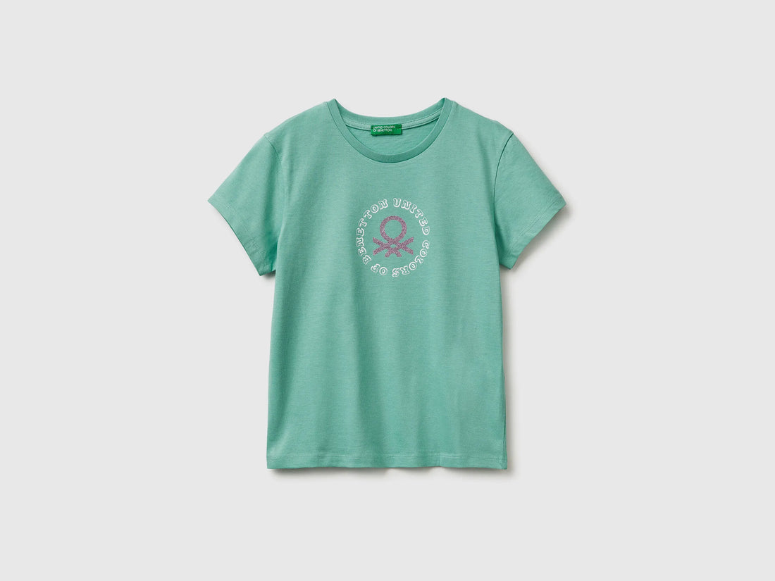 Benetton Aqua Girls T-Shirt with Glitter Print SKU: 3I1XC10S6_13D Image 01