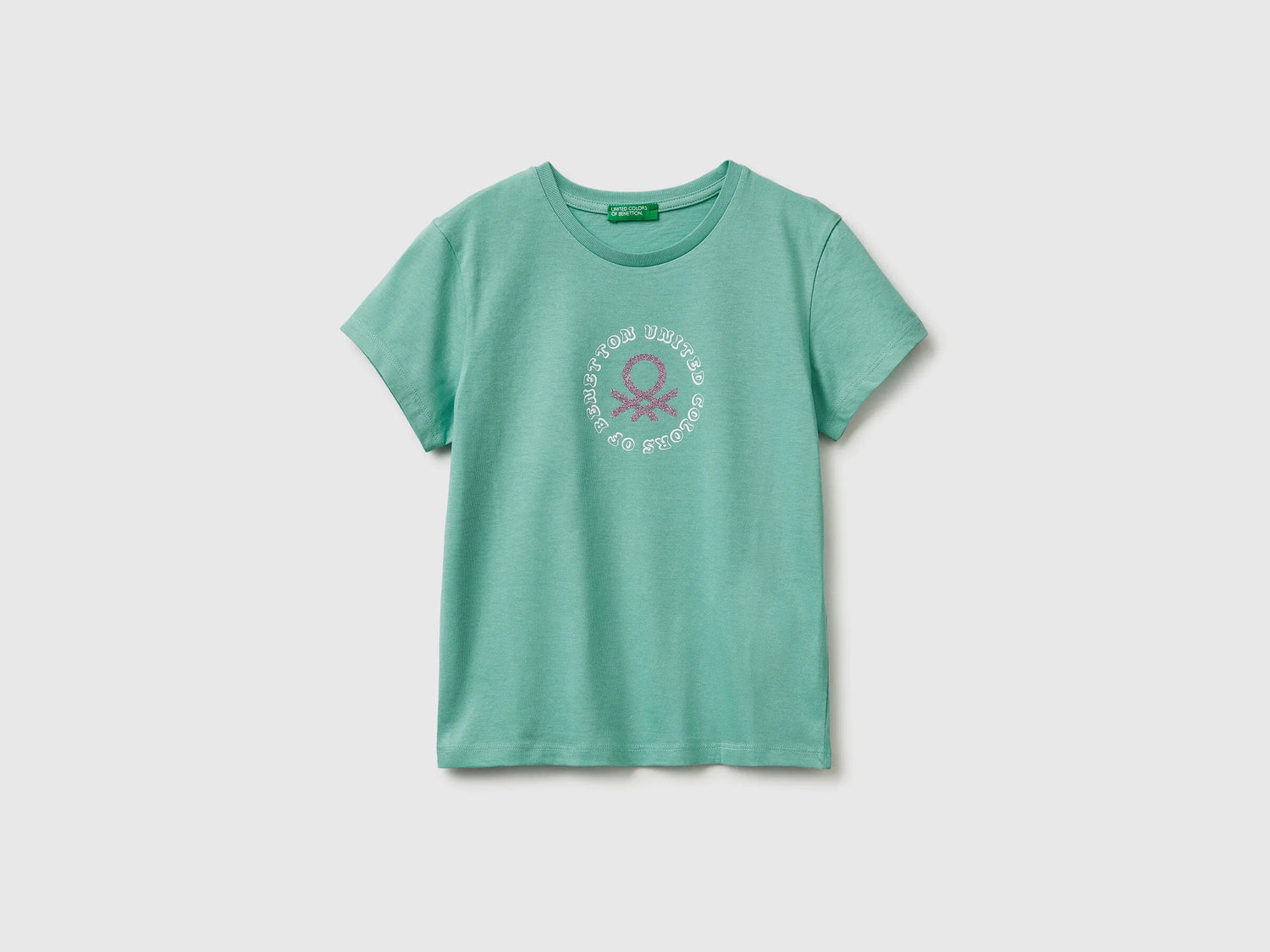 Benetton Aqua Girls T-Shirt with Glitter Print SKU: 3I1XC10S6_13D Image 01
