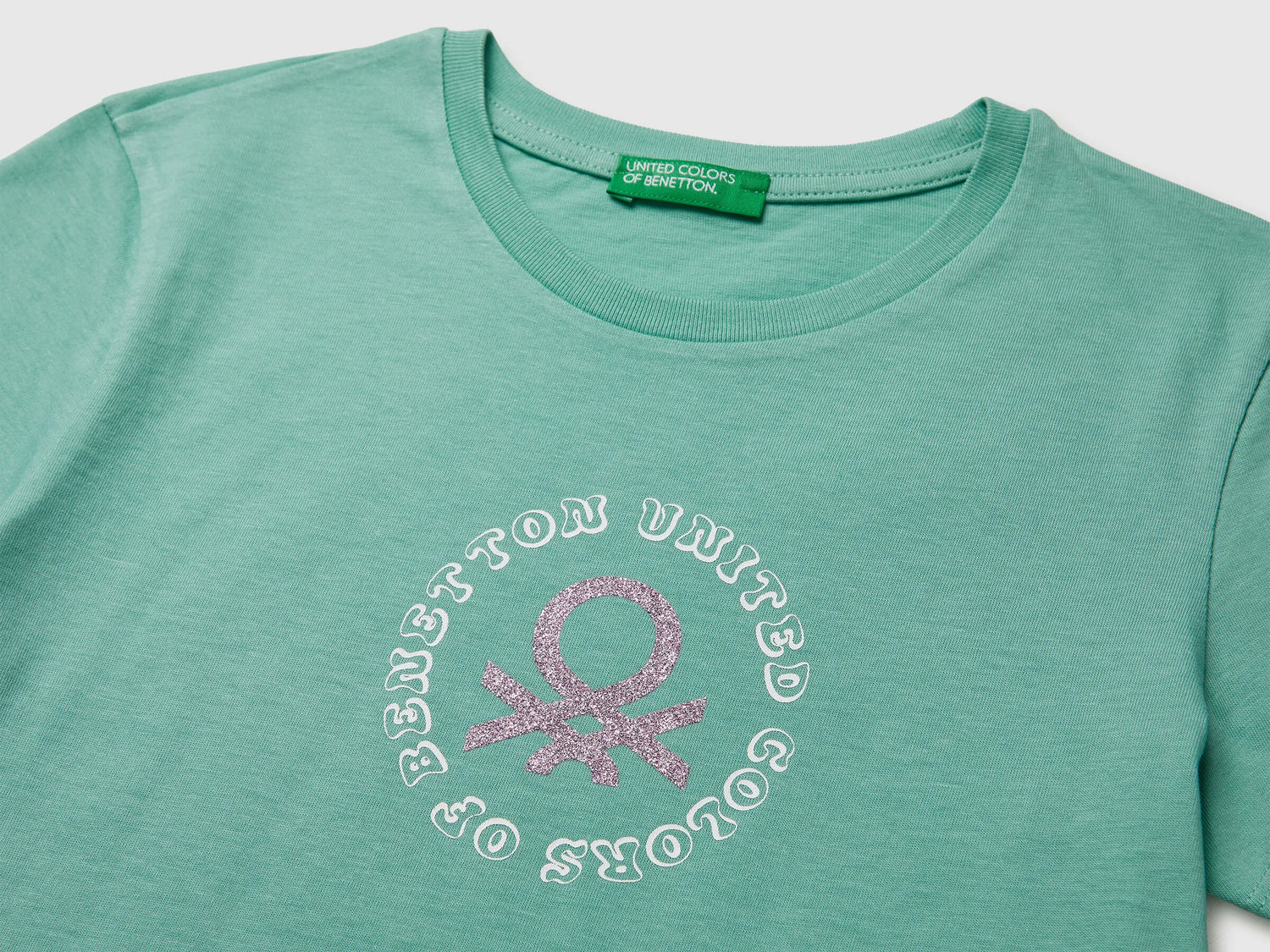 Benetton Aqua Girls T-Shirt with Glitter Print SKU: 3I1XC10S6_13D Image 03