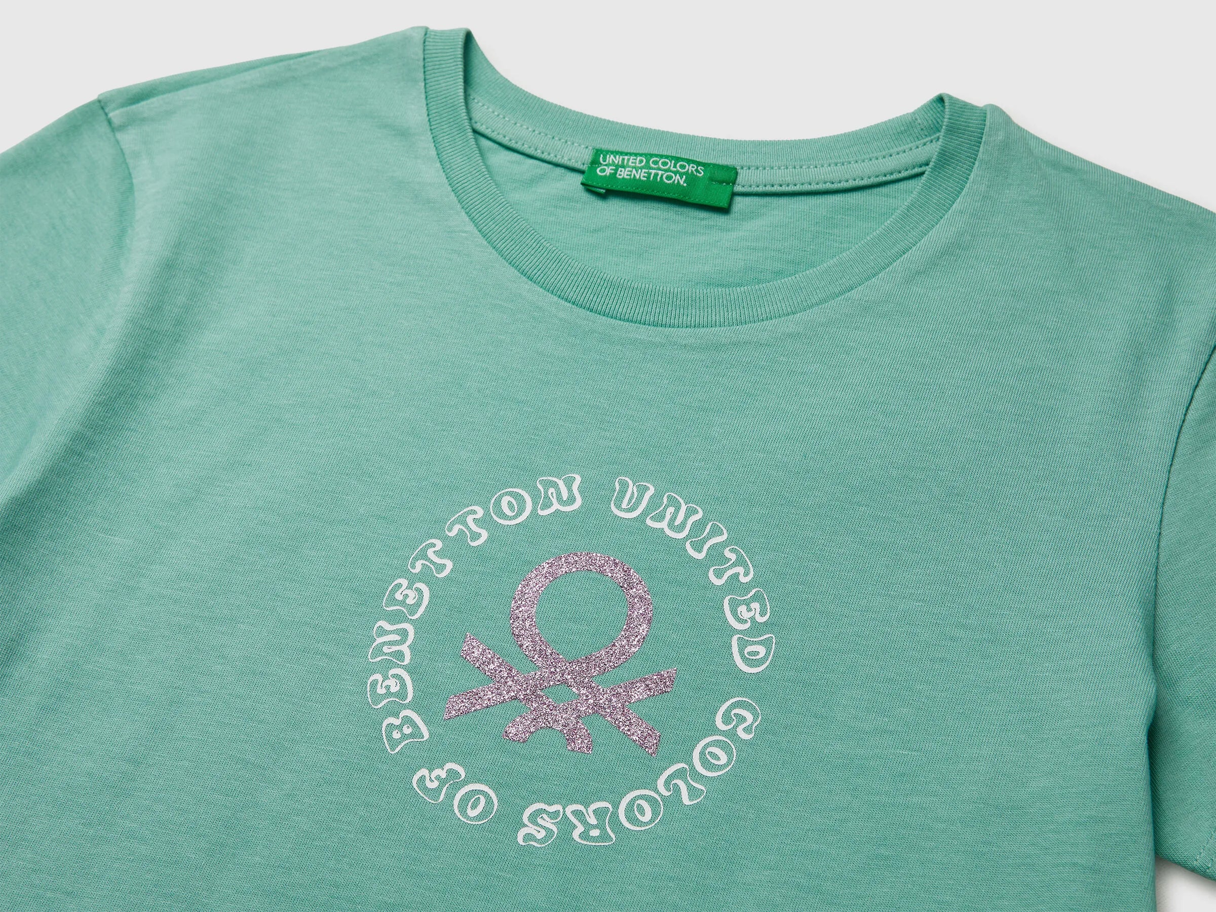 Benetton Aqua Girls T-Shirt with Glitter Print SKU: 3I1XC10S6_13D Image 03