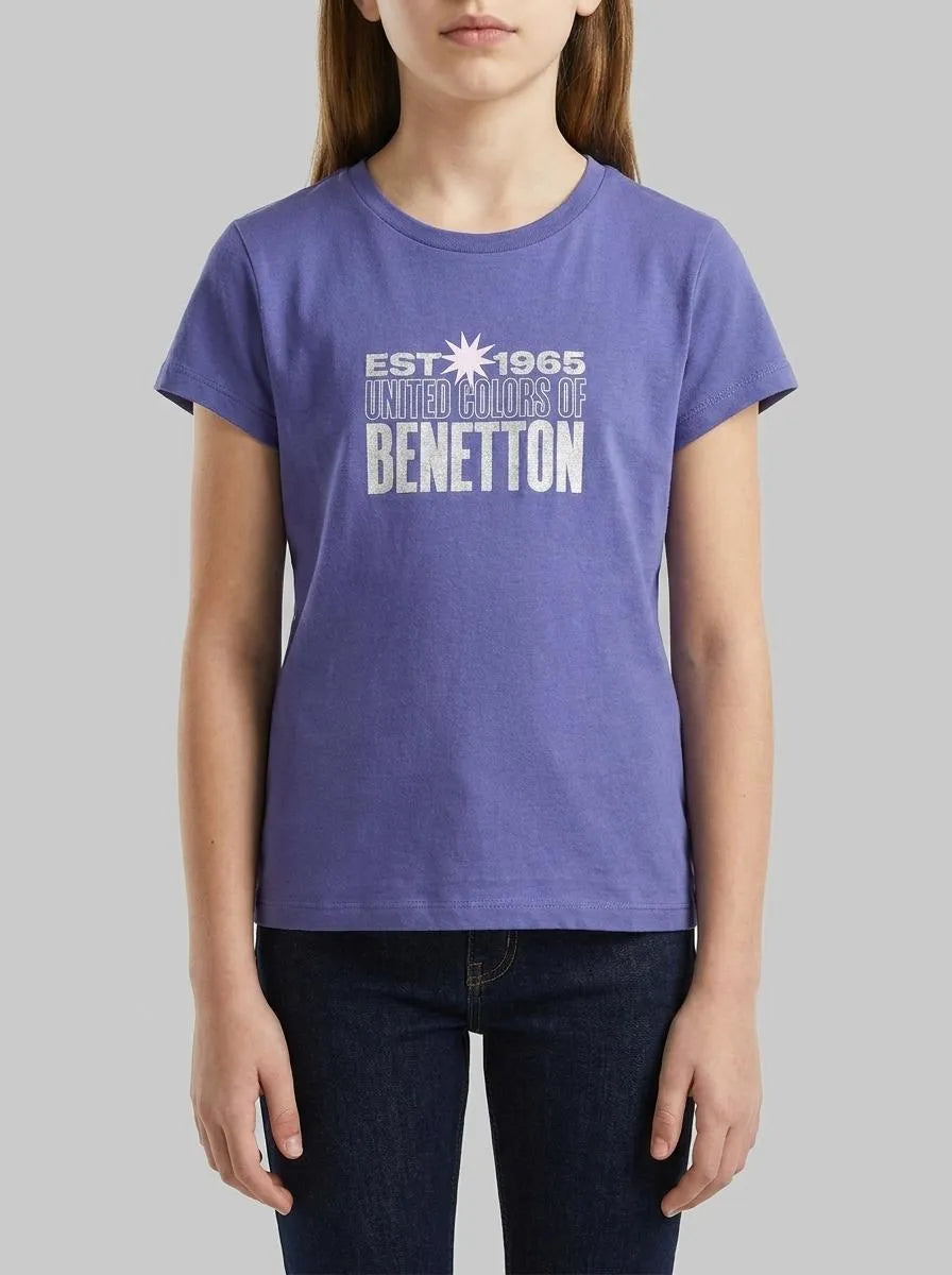 Benetton Violet Girls T-Shirt with Glitter Print SKU: 3I1XC10S6_2D8 Image 00