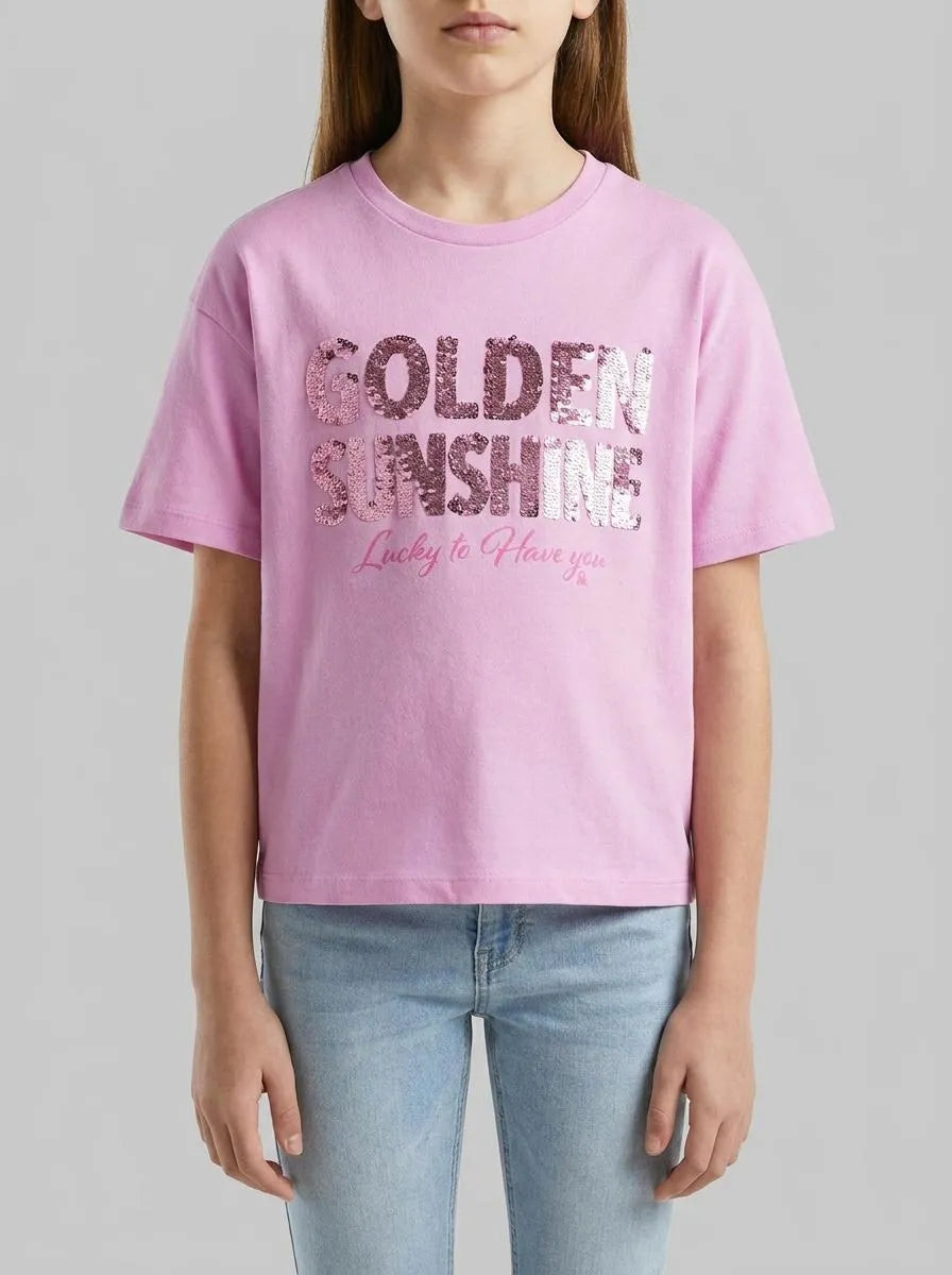 Benetton Lilac Girls T-Shirt with Print and Sequins SKU: 3I1XC10SF_00L Image 00
