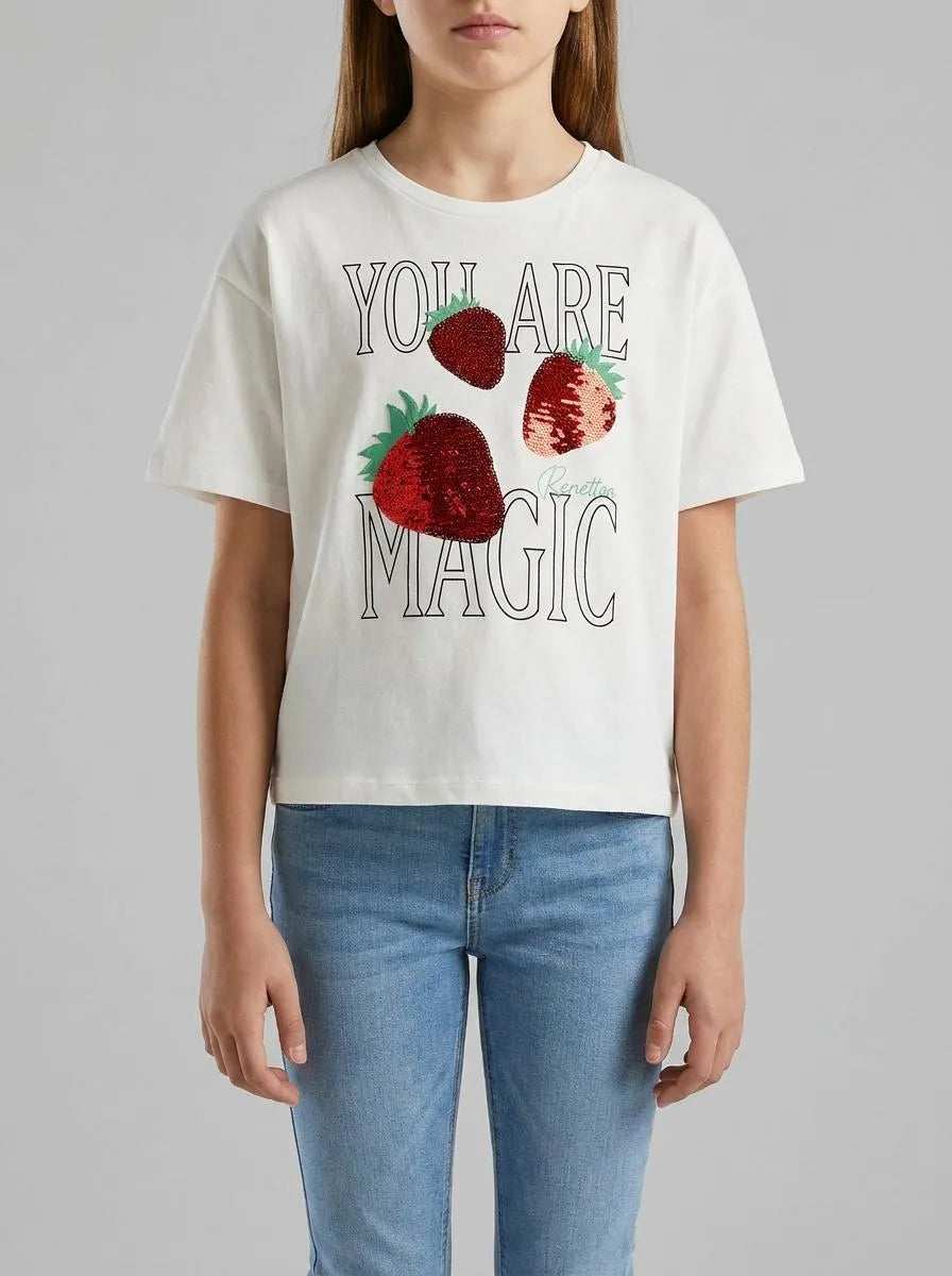 Benetton Creamy White Girls T-Shirt with Print and Sequins SKU: 3I1XC10SF_074 Image 00